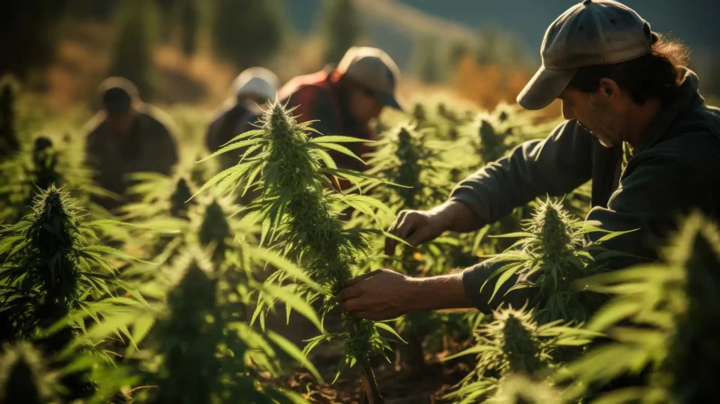 A photo of people harvesting cannabis